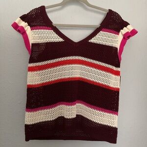 Nine West NWT V-Neck Striped Crochet Sweater - Burgundy, Pink, Red, White XL